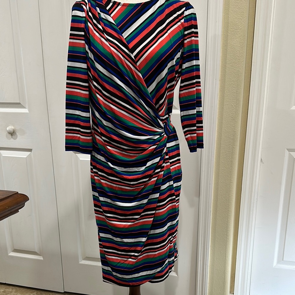 Tahari Asymmetrical Striped Dress in Red, Blue, and Green